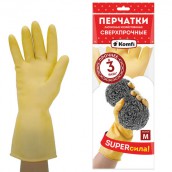Перчатки МНОГОРАЗОВЫЕ латексные SUPER СИЛА СВЕРХПРОЧНЫЕ, бежевые, размер M (средний), вес 96 г, Komfi, ADM, 20073