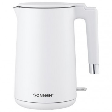 Чайник электрический с двойными стенками SONNEN KT-8719W, 1,5 л, 2200 Вт, белый, 454691