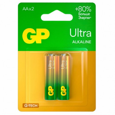 Батарейки КОМПЛЕКТ 2 шт., GP Ultra G-Tech, AA (LR6,15А), алкалиновые, пальчиковые, 15AUA21-2CRSBC2